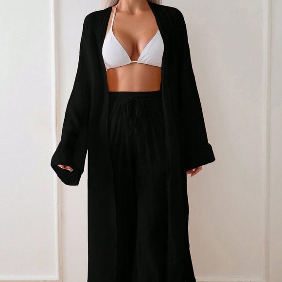 Black Women's Long Sleeve Loose Casual Kimono - Picture 1 of 6